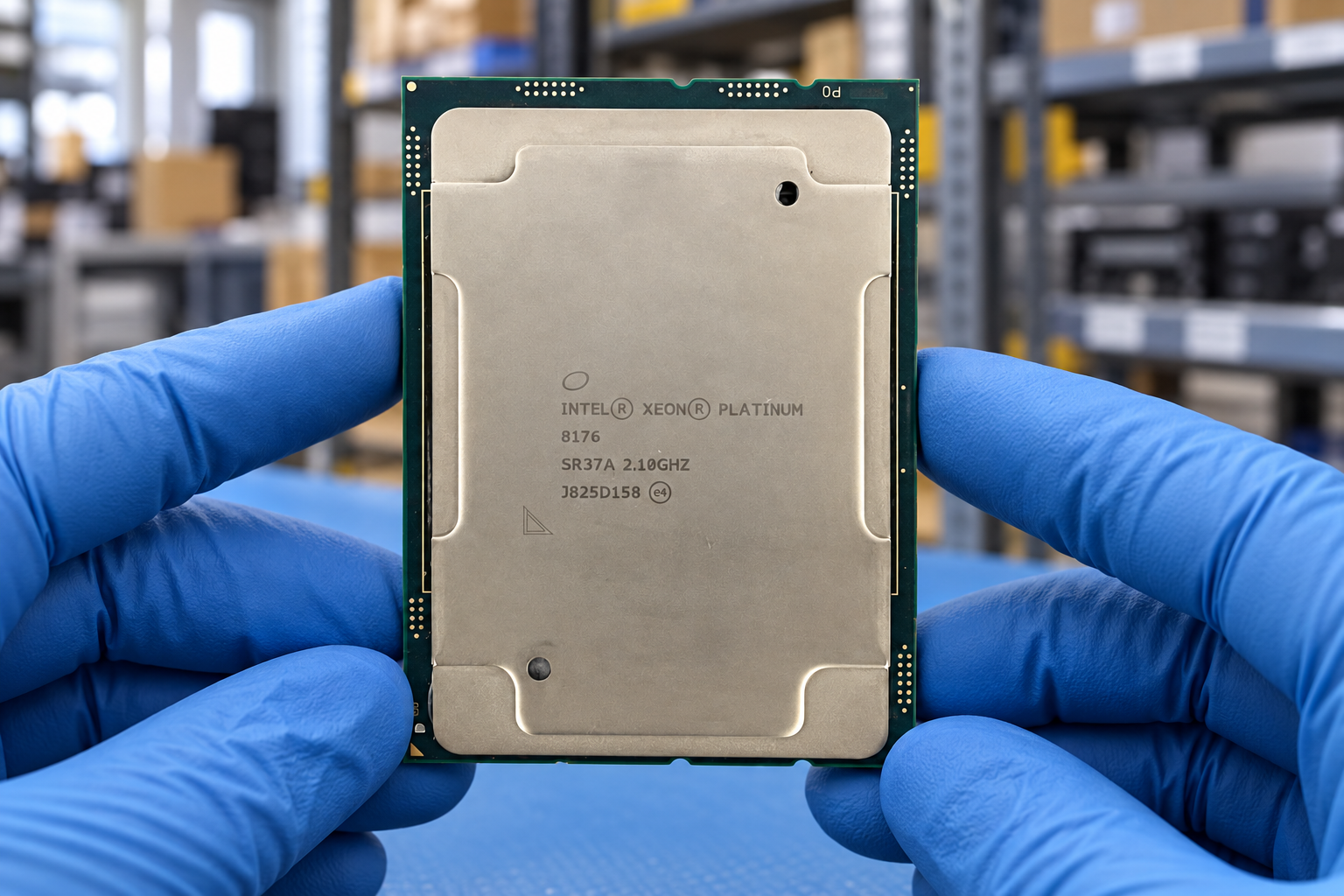 Intel Xeon Platinum 8176 held by two blue-gloved hands above a blue electronics workbench; generated scene