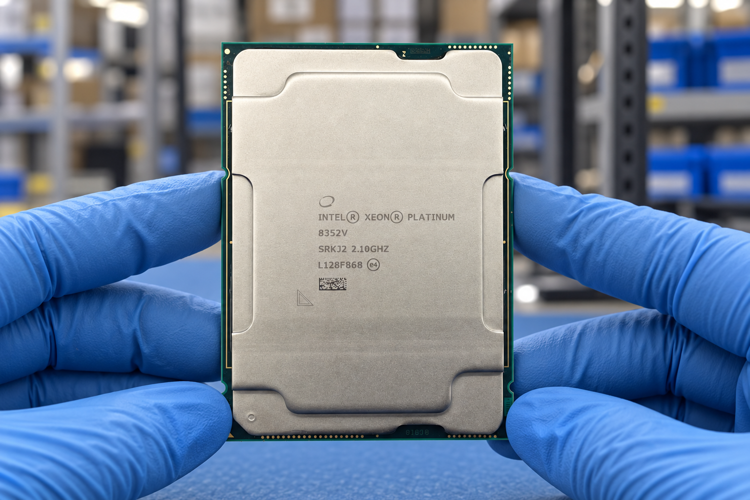 Intel Xeon Platinum 8352V held by two blue-gloved hands above a blue electronics workbench; generated scene