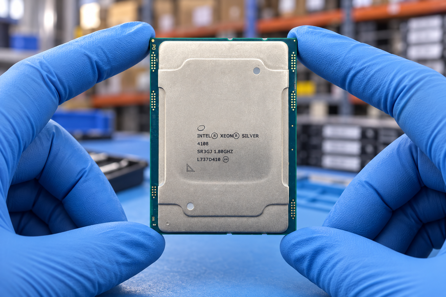 Intel Xeon Silver 4108 held by two blue-gloved hands above a blue electronics workbench; generated scene