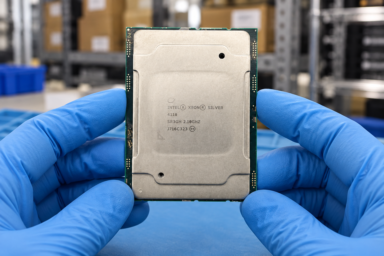 Intel Xeon Silver 4110 held by two blue-gloved hands above a blue electronics workbench; generated scene