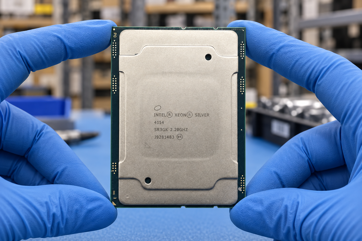 Intel Xeon Silver 4114 held by two blue-gloved hands above a blue electronics workbench; generated scene