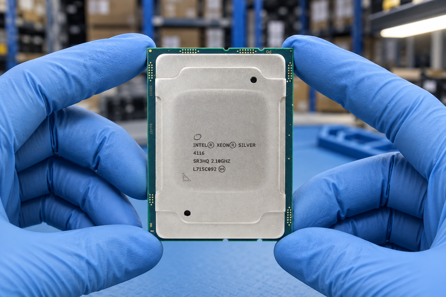 Intel Xeon Silver 4116 held by two blue-gloved hands above a blue electronics workbench; generated scene