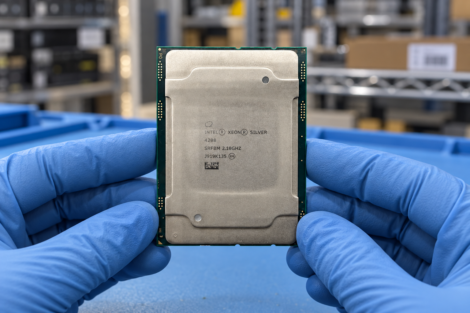 Intel Xeon Silver 4208 held by two blue-gloved hands above a blue electronics workbench; generated scene