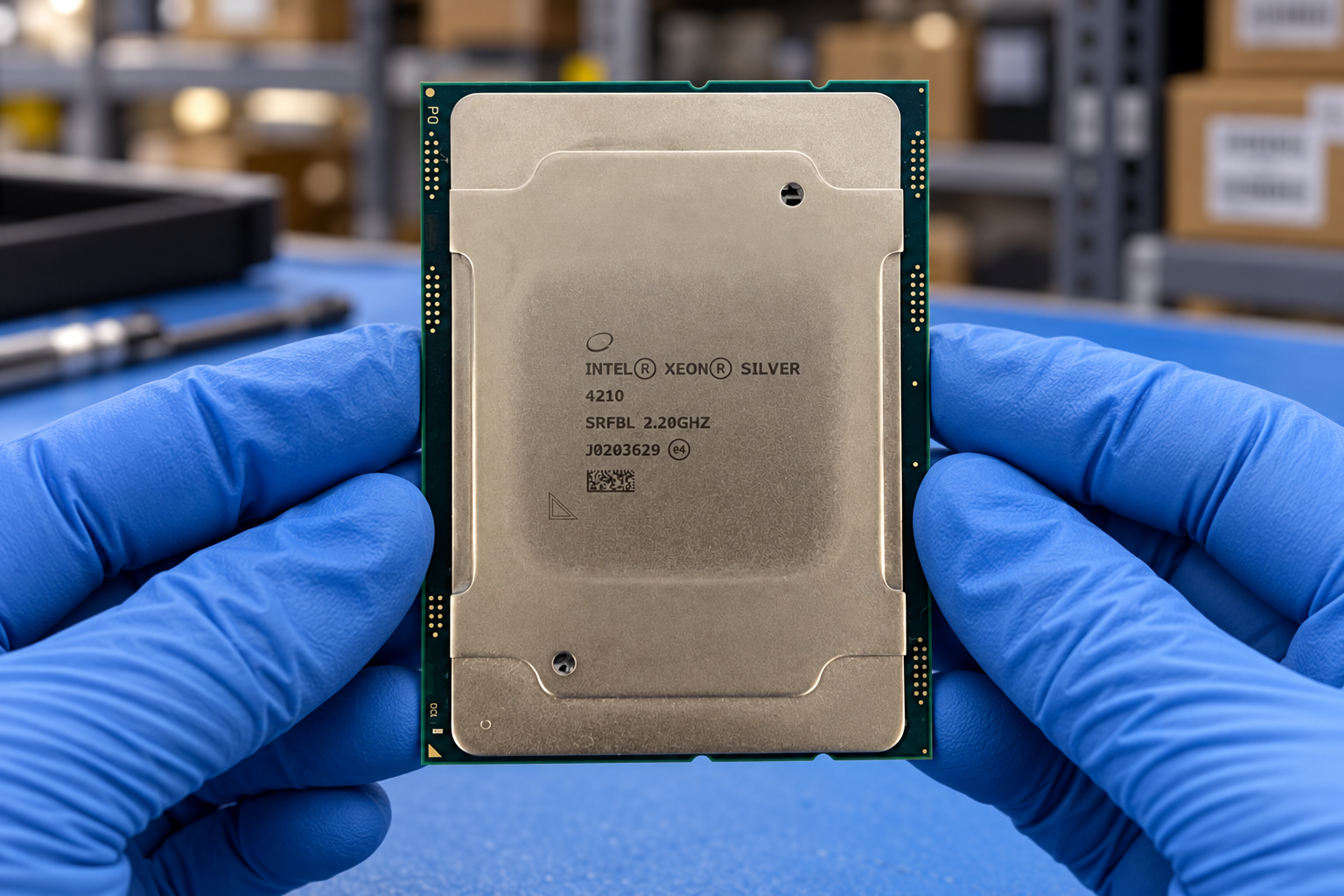 Intel Xeon Silver 4210 held by two blue-gloved hands above a blue electronics workbench; generated scene