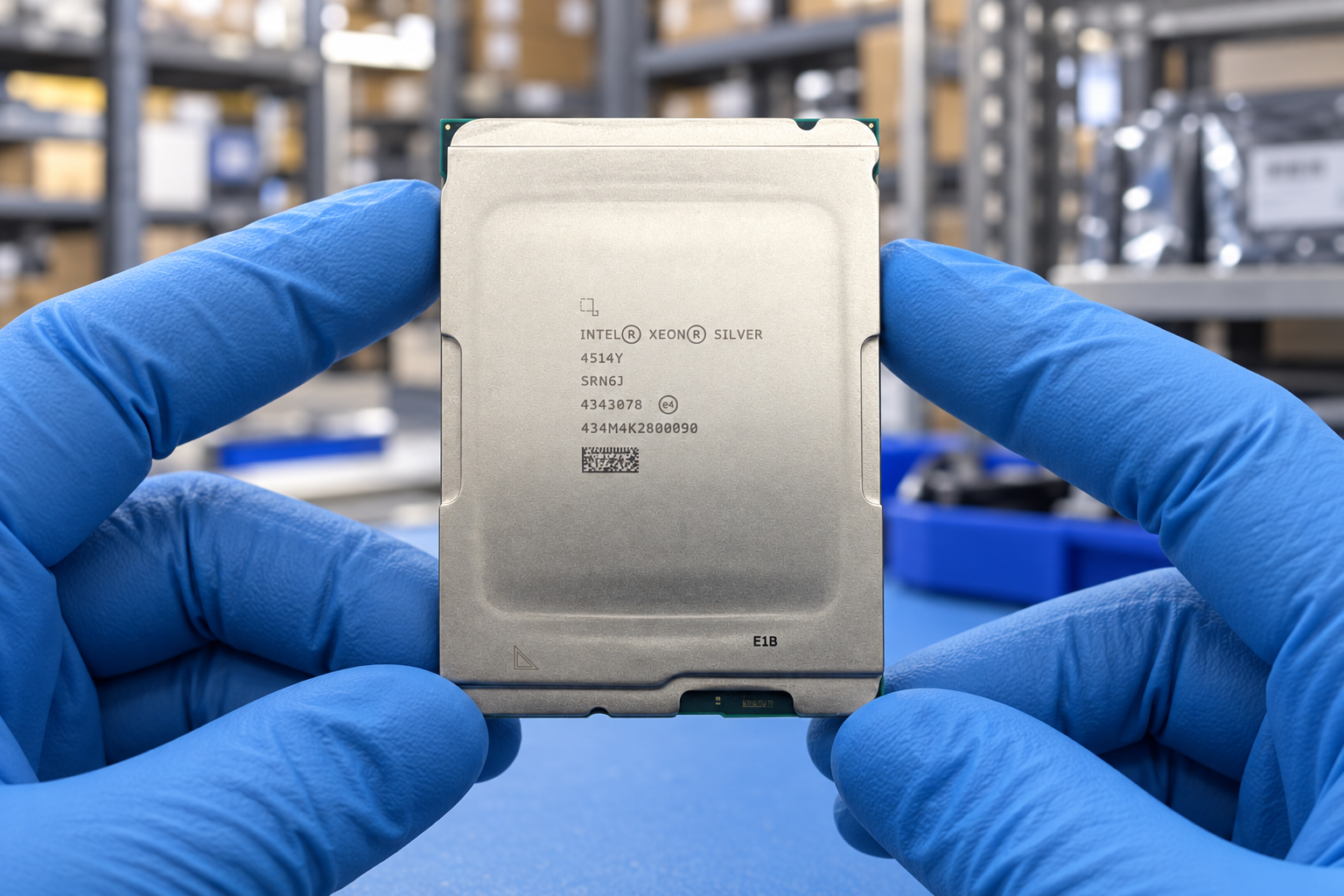 Intel Xeon Silver 4514Y held by two blue-gloved hands above a blue electronics workbench; generated scene