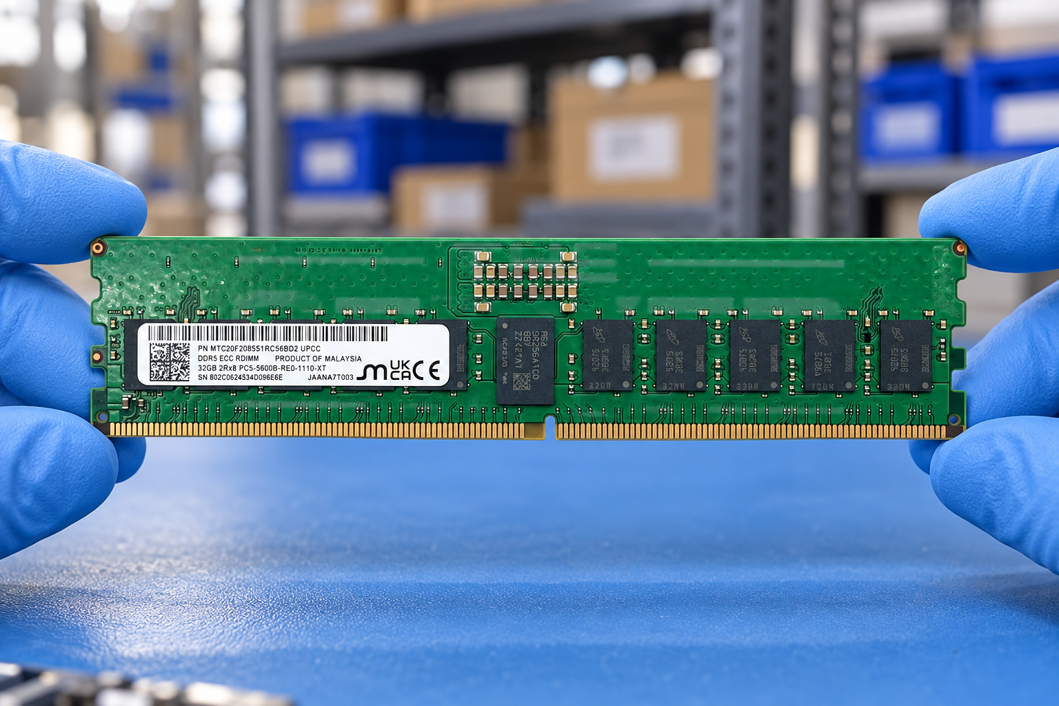 Micron MTC20F2085S1RC56BD2 held by two blue-gloved hands above a blue electronics workbench; generated scene