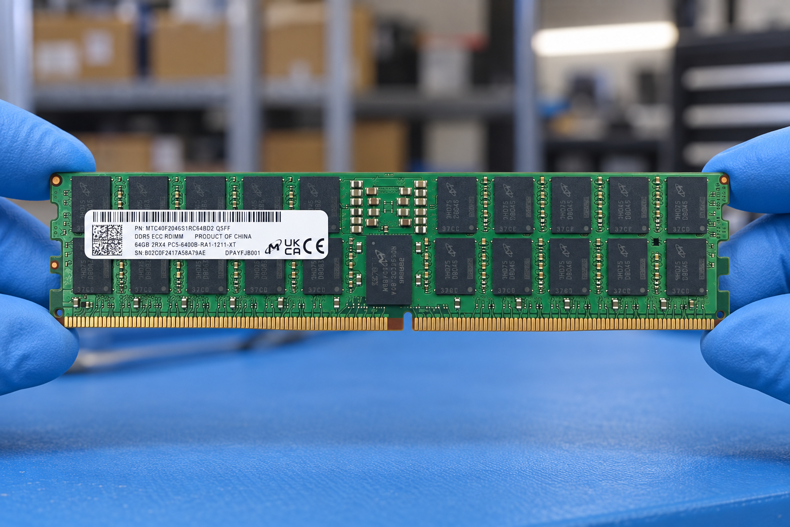 Micron MTC40F2046S1RC64BD2 held by two blue-gloved hands above a blue electronics workbench; generated scene