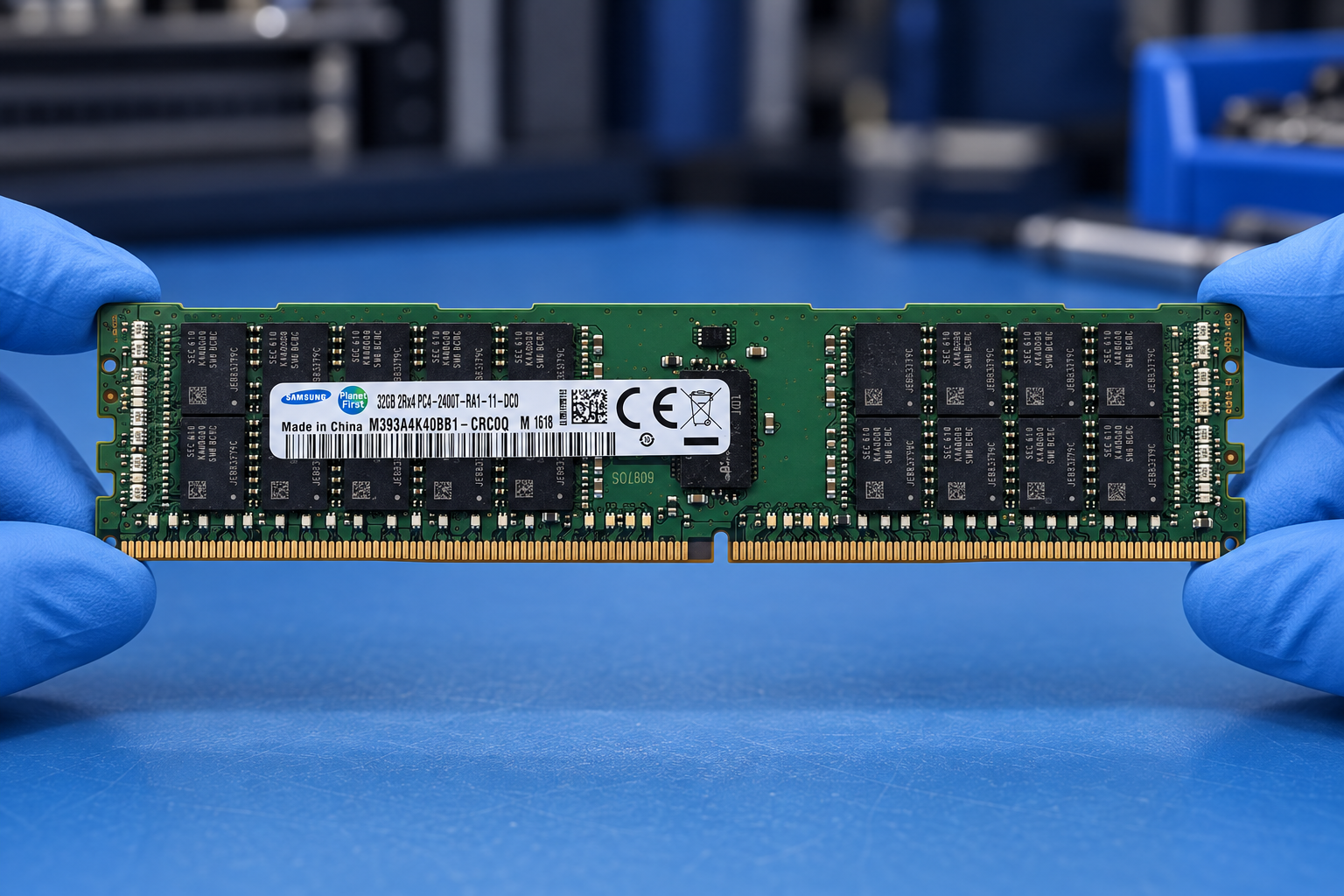 Samsung M393A4K40BB1-CRC0Q held at the edges by two blue-gloved hands above a blue electronics workbench; generated scene
