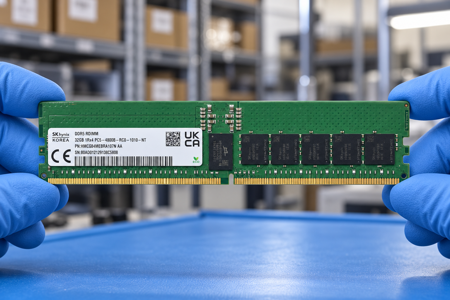 SK hynix HMCG84MEBRA107N held by two blue-gloved hands above a blue electronics workbench; generated scene