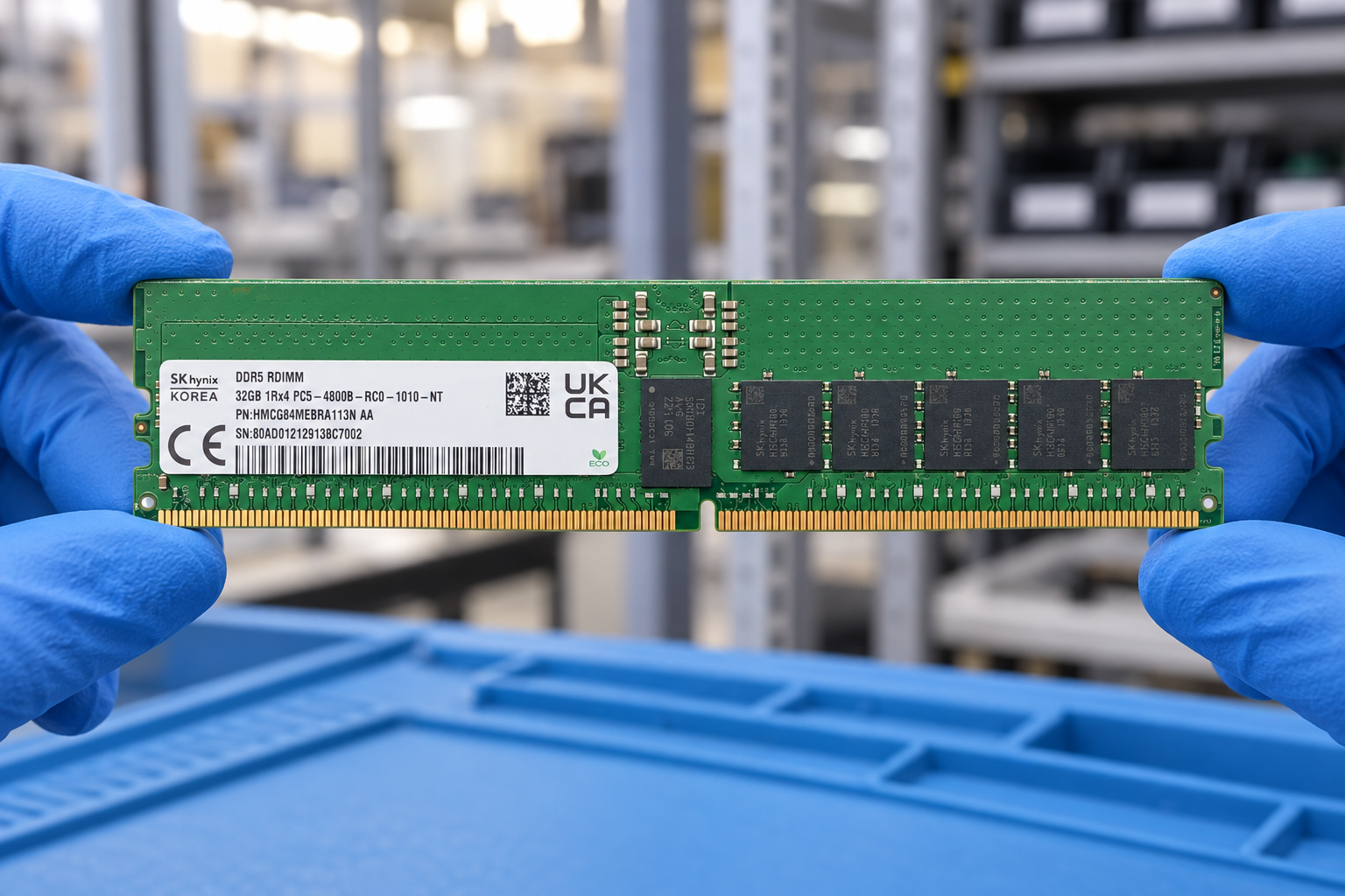 SK hynix HMCG84MEBRA113N held by two blue-gloved hands above a blue electronics workbench; generated scene