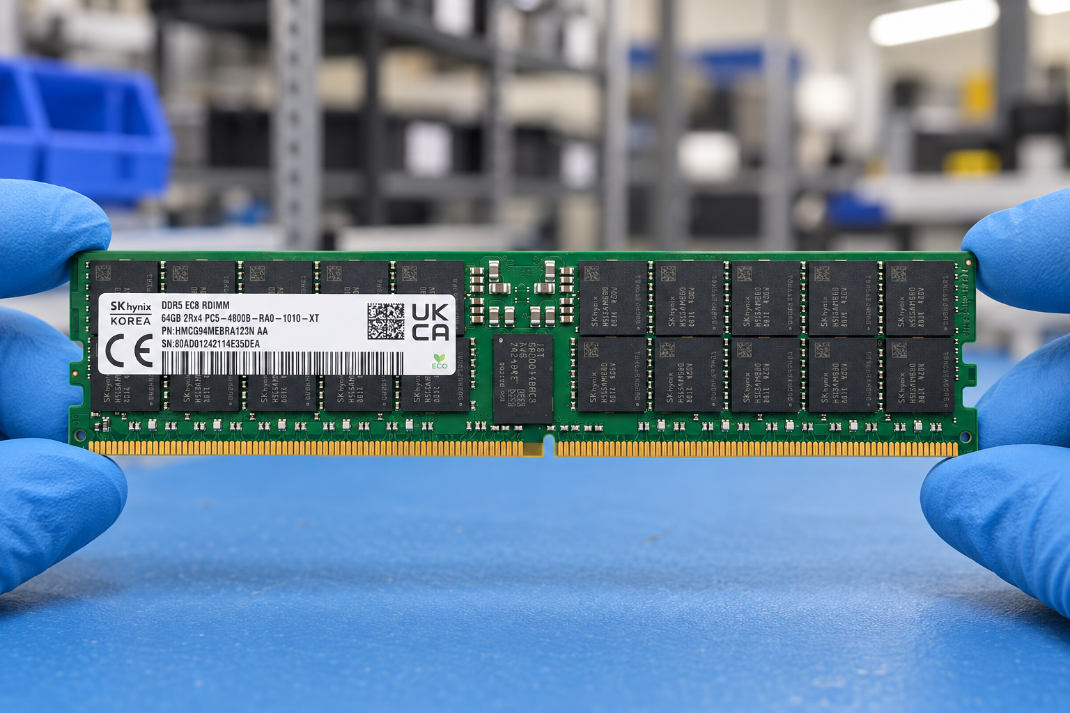 SK hynix HMCG94MEBRA123N held by two blue-gloved hands above a blue electronics workbench; generated scene